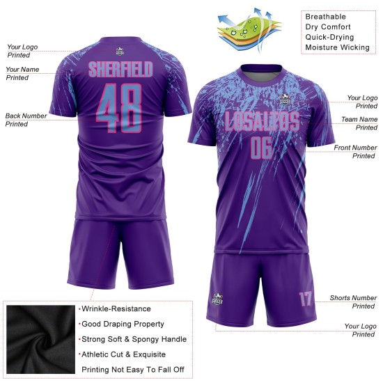 Maillot de football personnalisé par sublimation violet bleu clair-rose Maillot de football personnalisé par sublimation violet bleu clair-rose