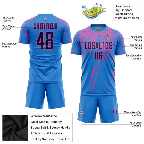 Maillot de football personnalisé bleu poudre, bleu marine et rose, sublimé Maillot de football personnalisé bleu poudre, bleu marine et rose, sublimé