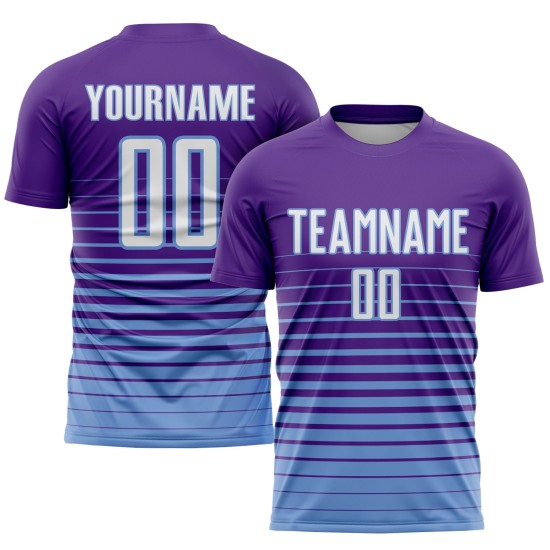 Maillot de football personnalisé à rayures fines violet, blanc et bleu clair, imprimé par sublimation Maillot de football personnalisé à rayures fines violet, blanc et bleu clair, imprimé par sublimation