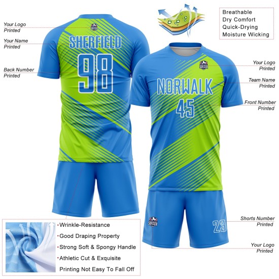 Maillot de football personnalisé à sublimation bleu poudre, vert fluo et blanc Maillot de football personnalisé à sublimation bleu poudre, vert fluo et blanc