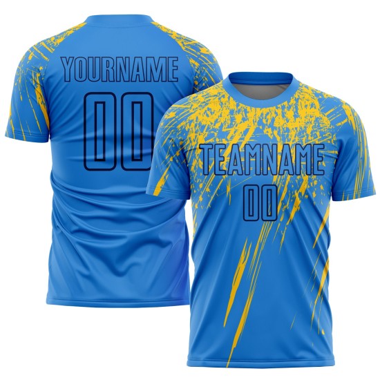 Maillot de football personnalisé bleu poudre, jaune et bleu marine, sublimé Maillot de football personnalisé bleu poudre, jaune et bleu marine, sublimé
