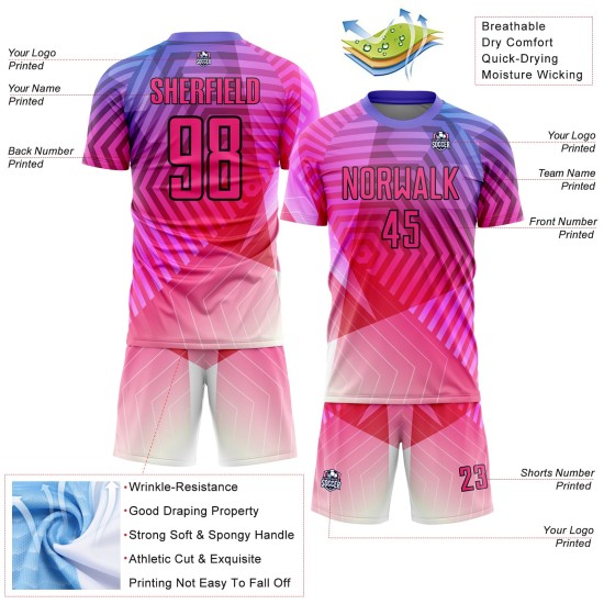 Maillot de football personnalisé à sublimation avec formes géométriques violet, rose et noir Maillot de football personnalisé à sublimation avec formes géométriques violet, rose et noir