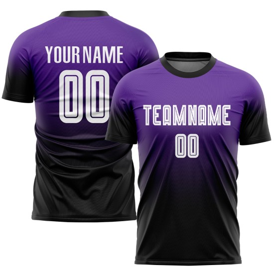 Maillot de football personnalisé violet, blanc et noir, effet dégradé par sublimation Maillot de football personnalisé violet, blanc et noir, effet dégradé par sublimation