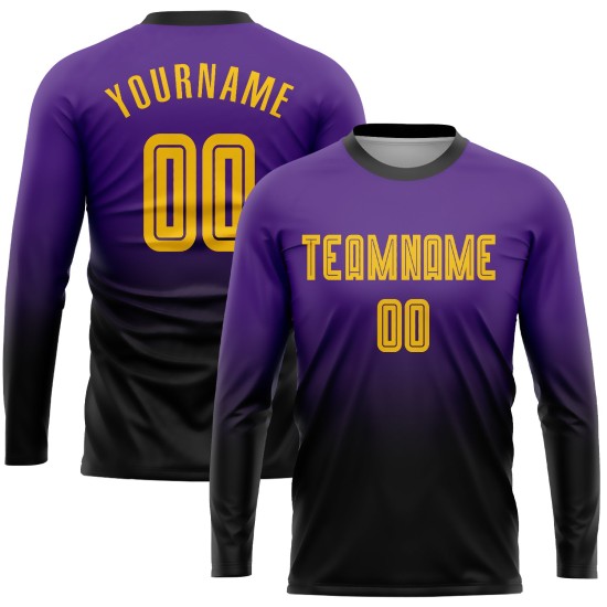 Maillot de football personnalisé à manches longues, violet, or et noir, avec sublimation Maillot de football personnalisé à manches longues, violet, or et noir, avec sublimation