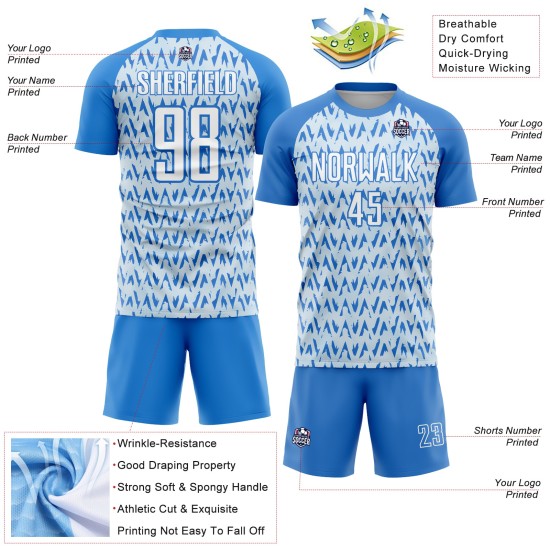Maillot de football personnalisé à motif géométrique abstrait bleu poudre, blanc et argent, sublimation Maillot de football personnalisé à motif géométrique abstrait bleu poudre, blanc et argent, sublimation