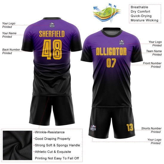 Maillot de football personnalisé violet, or et noir, effet dégradé par sublimation Maillot de football personnalisé violet, or et noir, effet dégradé par sublimation