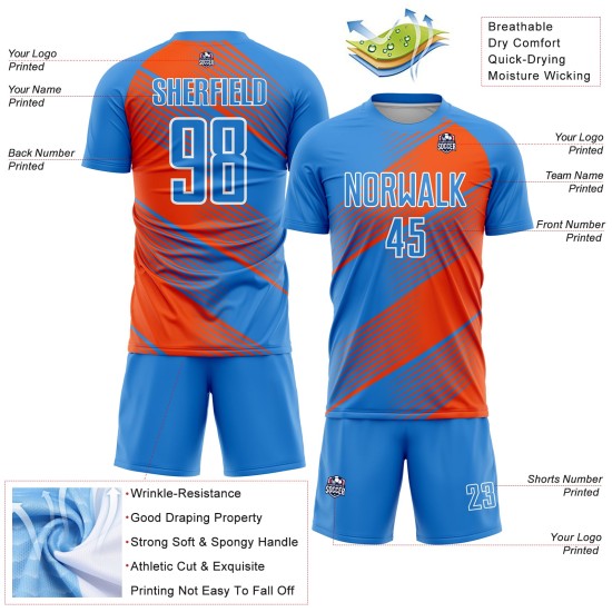 Maillot de football personnalisé à sublimation bleu poudre, orange et blanc Maillot de football personnalisé à sublimation bleu poudre, orange et blanc