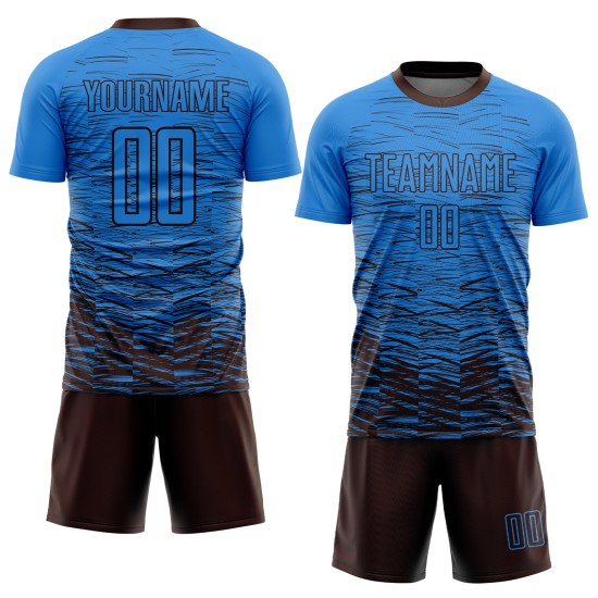 Maillot de football personnalisé bleu poudre marron par sublimation Maillot de football personnalisé bleu poudre marron par sublimation