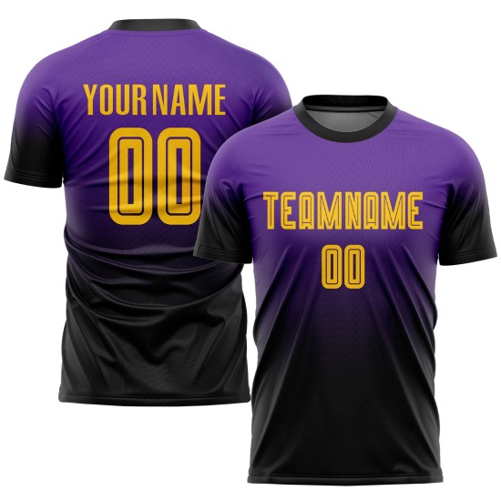 Maillot de football personnalisé violet, or et noir, effet dégradé par sublimation Maillot de football personnalisé violet, or et noir, effet dégradé par sublimation