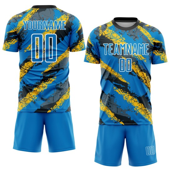 Maillot de football personnalisé bleu poudre, jaune et blanc, sublimation