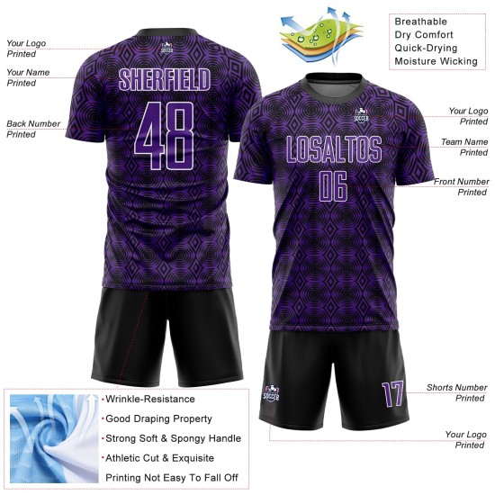 Maillot de football personnalisé à sublimation géométrique violet noir et blanc Maillot de football personnalisé à sublimation géométrique violet noir et blanc